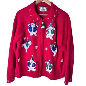 Tiara International Snowman Christmas Sweater Red Zip Front Women’s XL